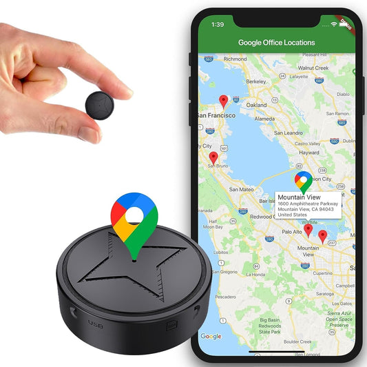 Magnetic mini GPS tracker on a white background