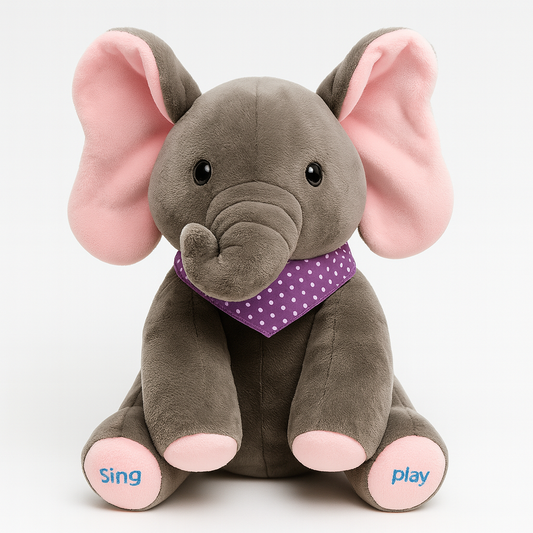Gray plush elephant with pink flapping ears and music buttons on its paws