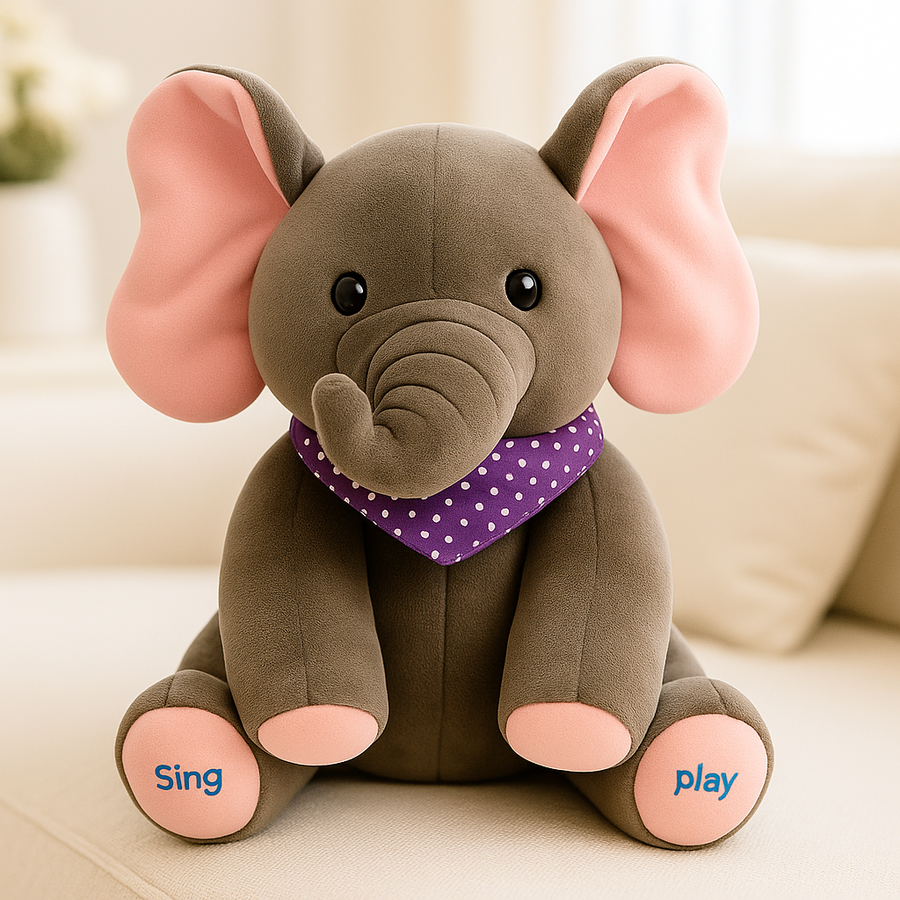 Gray elephant plush toy sitting upright showing its paw buttons