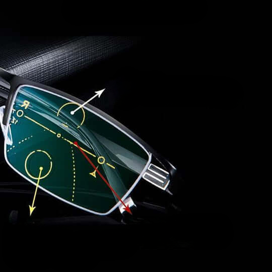 Multifocal reading glasses displayed on a flat surface