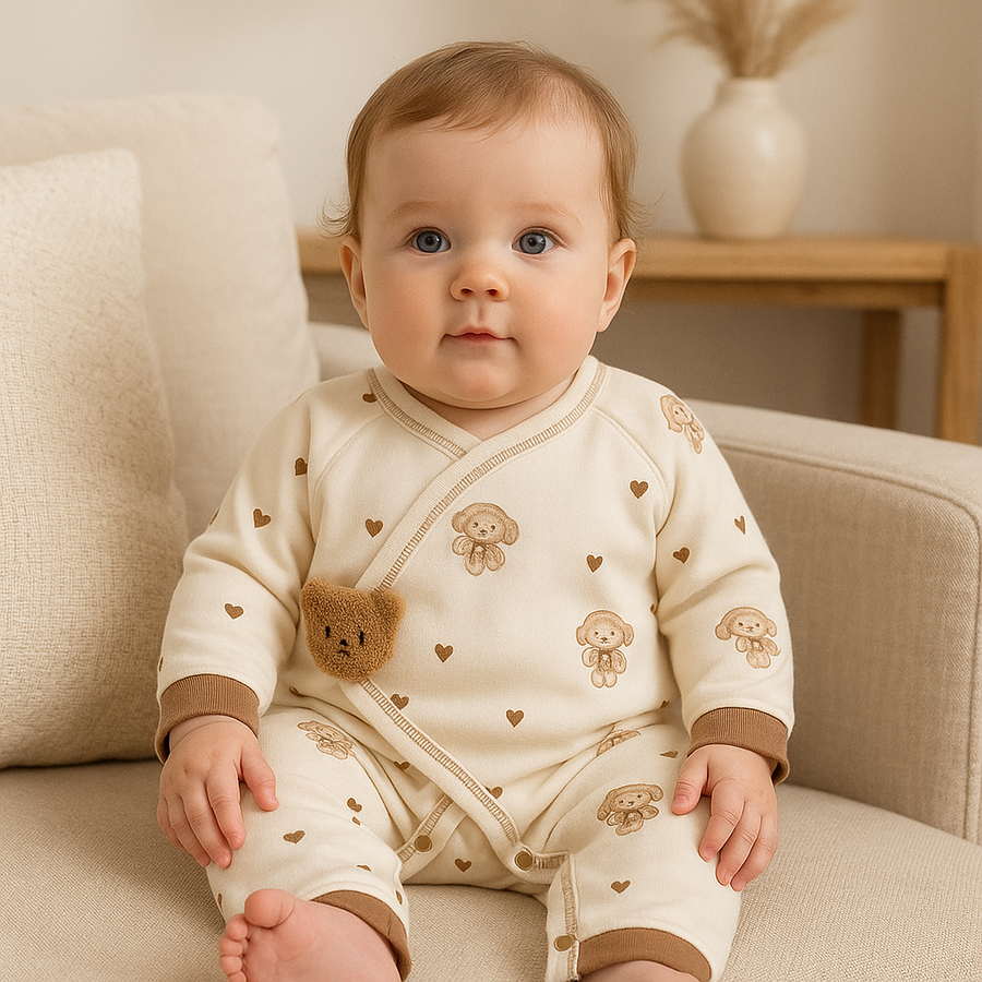 Cream baby footie sleepsuit showing wrap-front closure and bear design