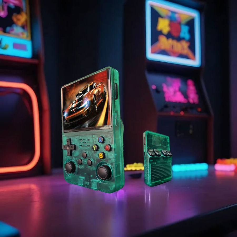 Top-down view of the retro gaming console highlighting its compact size