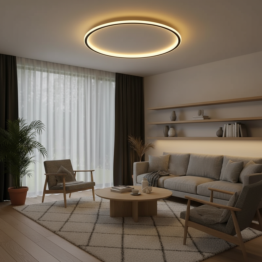 Ceiling light glowing softly in a living room