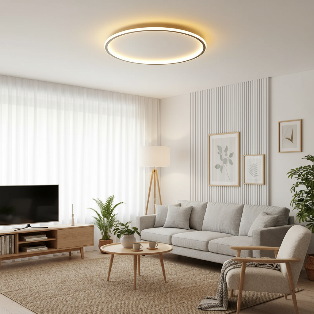 Minimalist round LED ceiling light mounted overhead