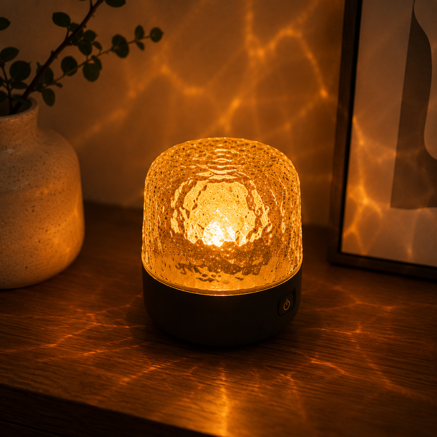 Havie Lamp casting a dramatic light projection on bedroom walls.