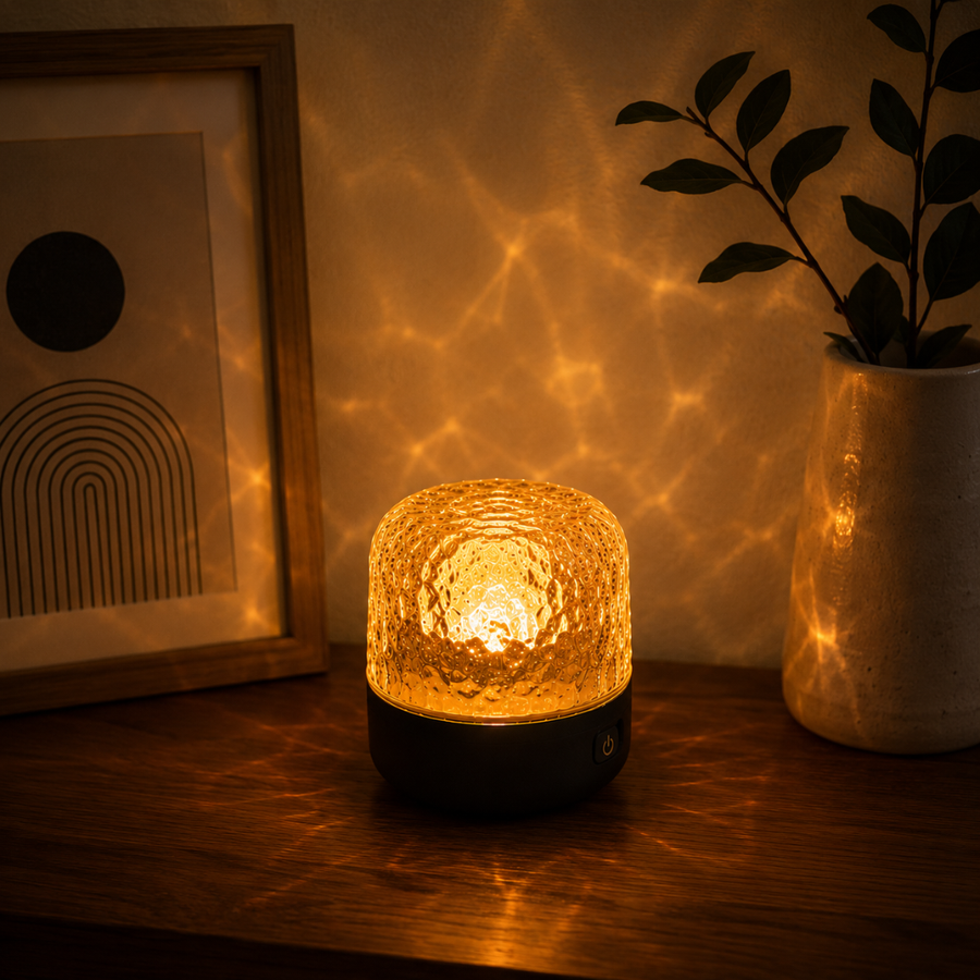 Havie Lamp glowing warmly while held in a hand.