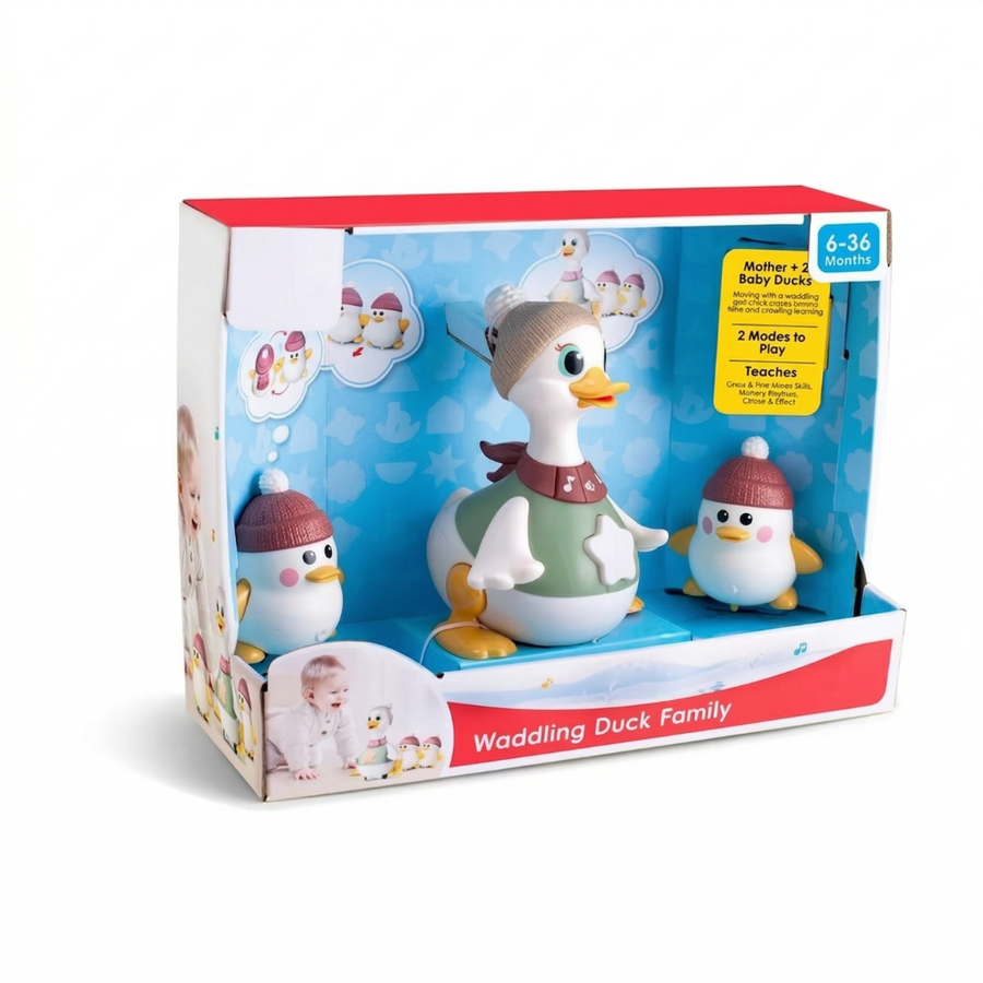 Duck family toy shown next to a measuring reference