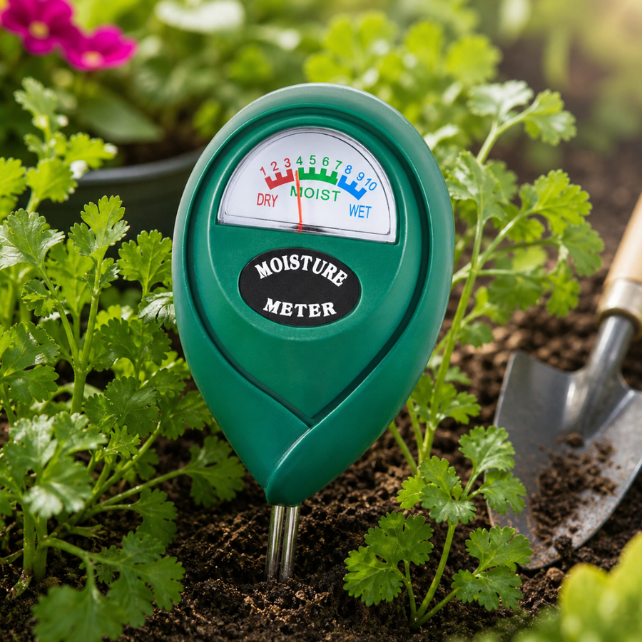 Soil moisture meter placed in a potted plant