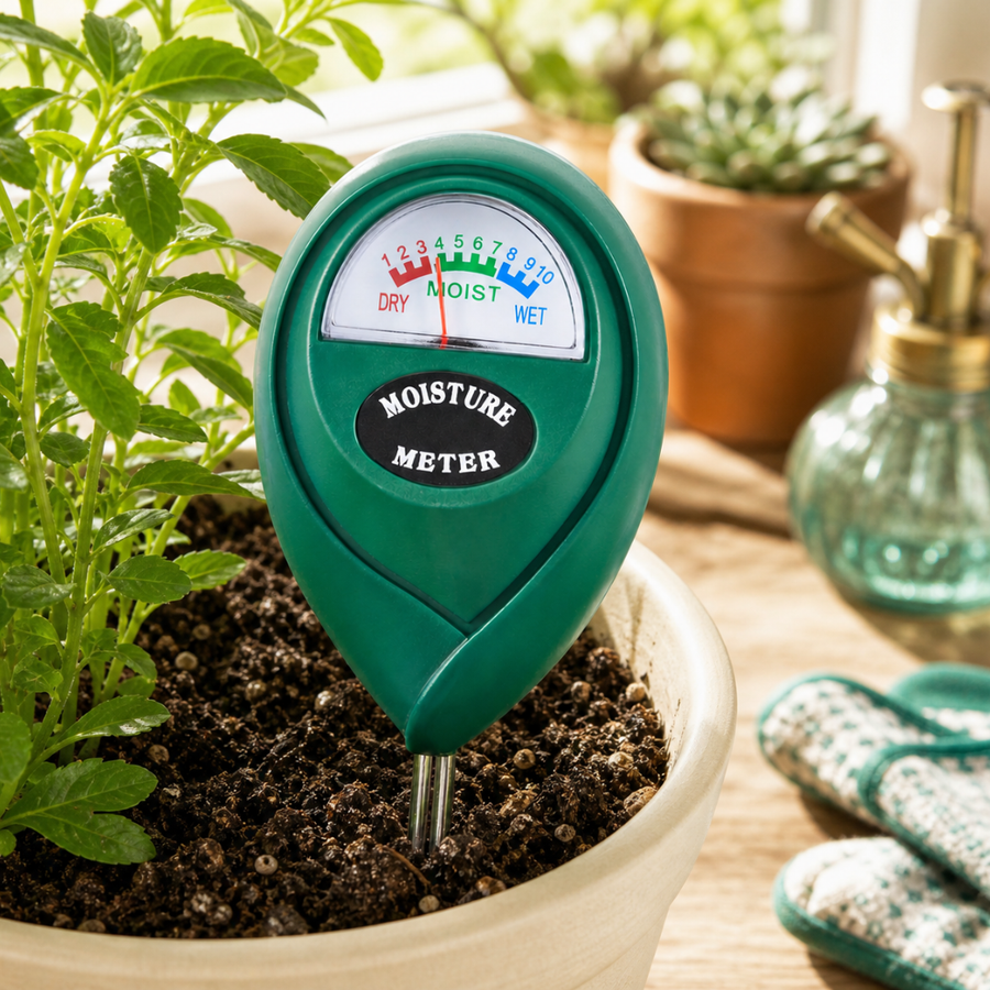 Close-up of the moisture meter scale showing dry, moist, and wet levels