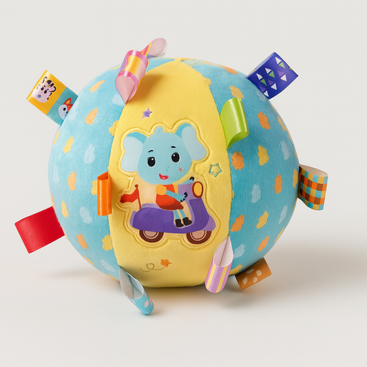 Round blue and yellow plush activity ball with colorful fabric tabs and a cute elephant riding a scooter.