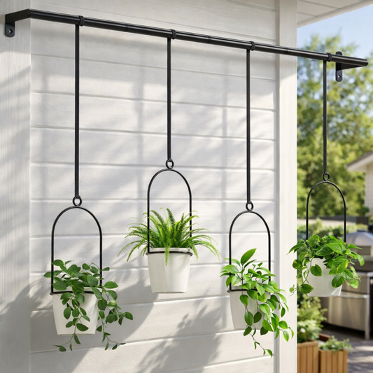 Video showing hanging planters with plants swaying gently
