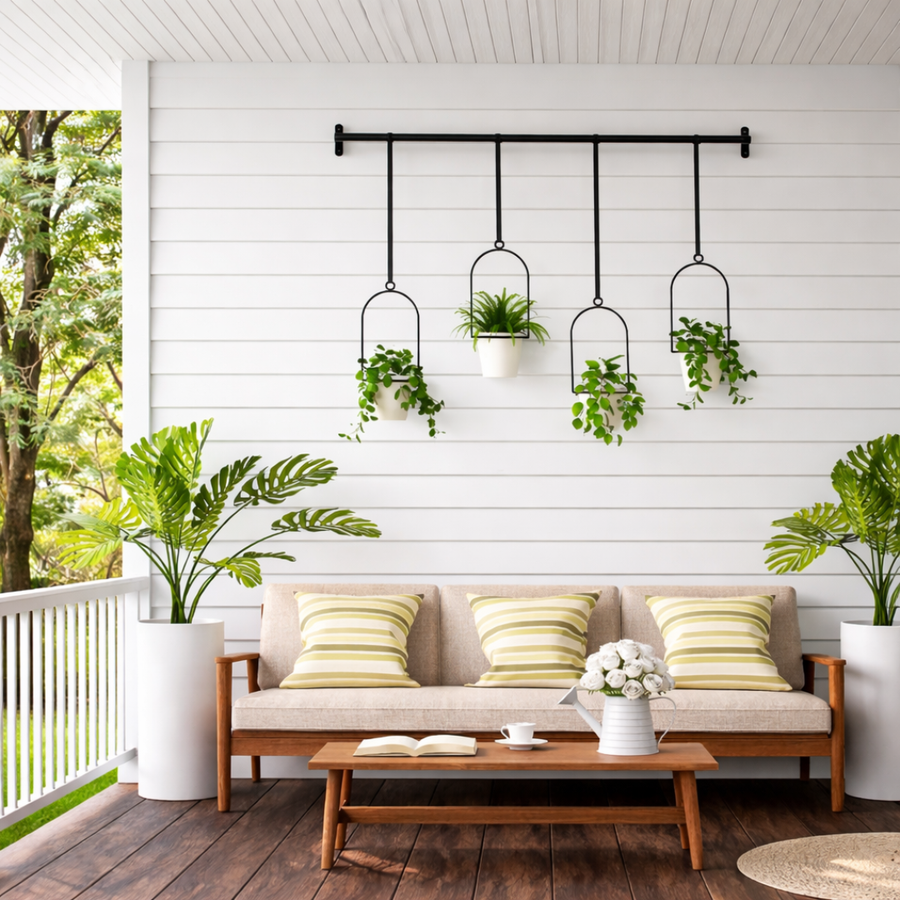 Several hanging planters arranged together near a window