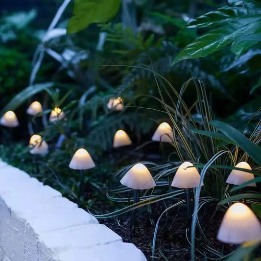 Solar-powered mushroom garden lights displayed outdoors