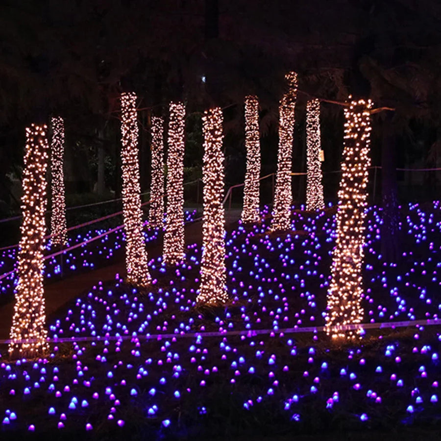 Solar mushroom lights arranged along a walkway