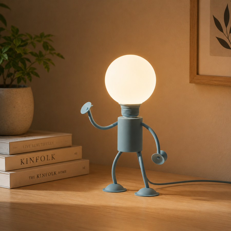 Four LED figure lamps shown in pink, black, blue, and white