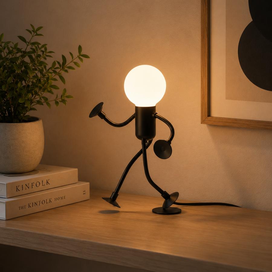 Black LED figure lamp with suction cups attached to a shelf