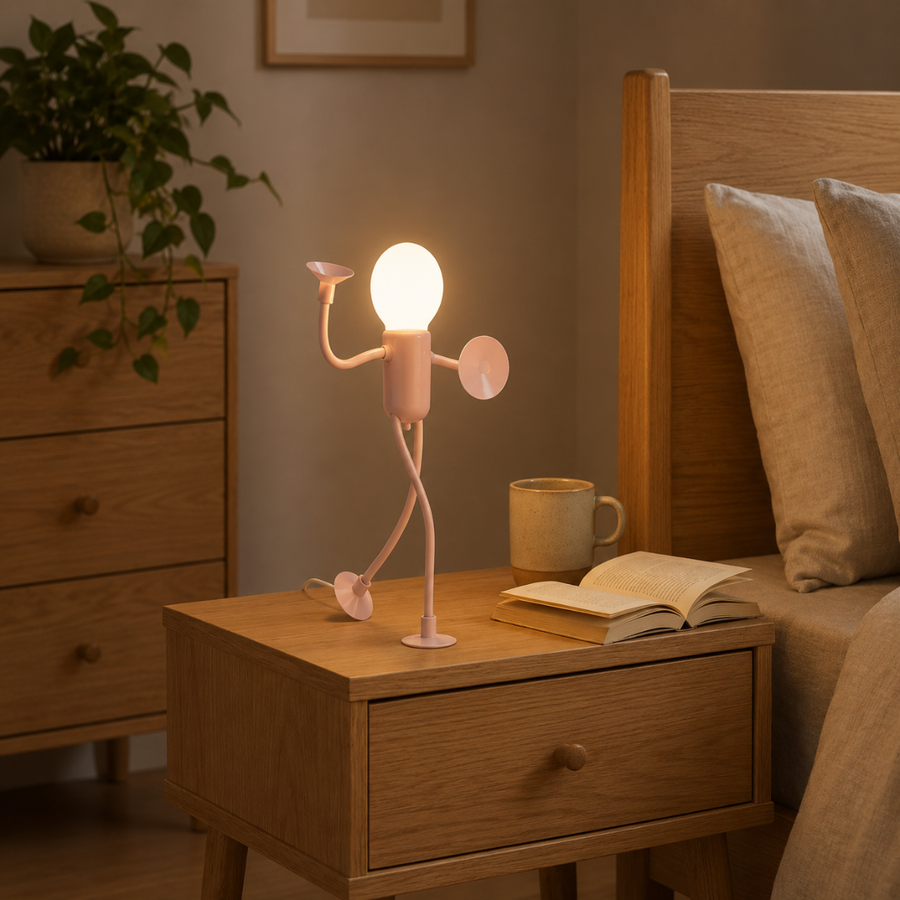 Blue LED figure lamp sitting on a desk next to books