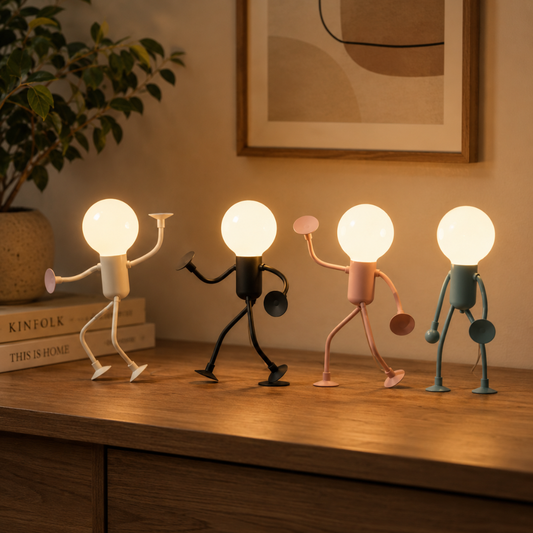 Pink LED figure lamp on a nightstand in a Scandinavian bedroom
