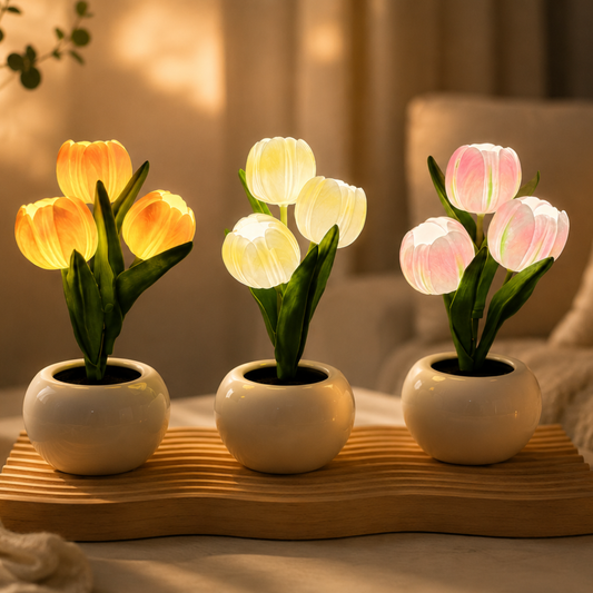 LED tulip lamp displayed in a ceramic pot on a nightstand