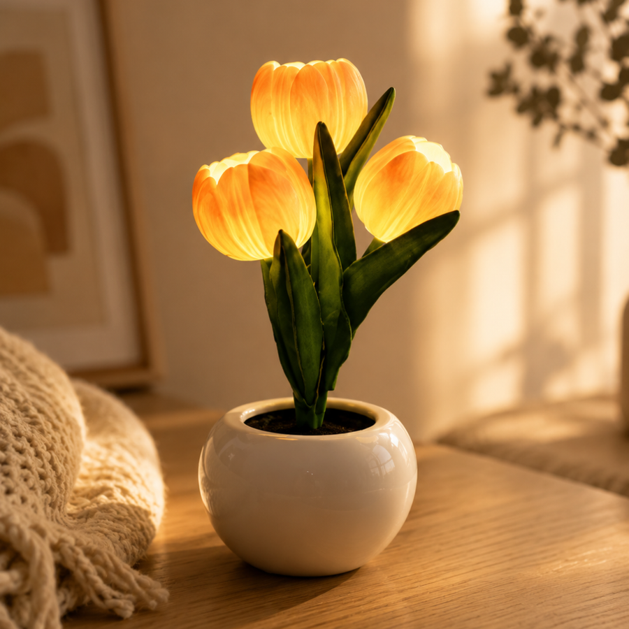 Five LED tulip lamps shown in different color options