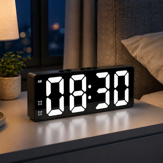LED digital clock displaying the time on a nightstand.