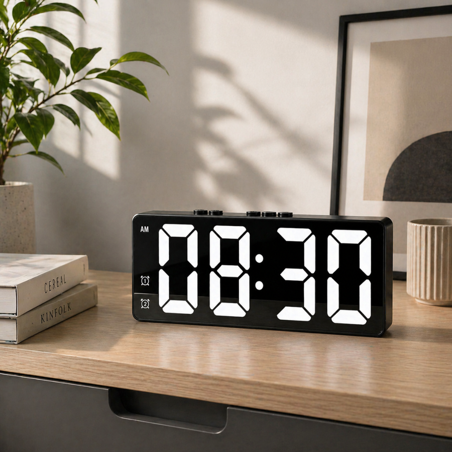 Close-up of the clock's large glowing numbers.