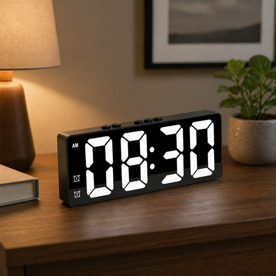 Digital alarm clock sitting on a wooden desk.