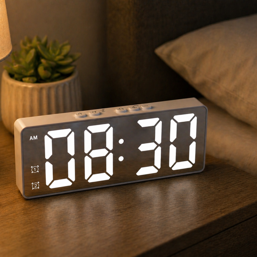 Clock placed next to a lamp in a bedroom setting.