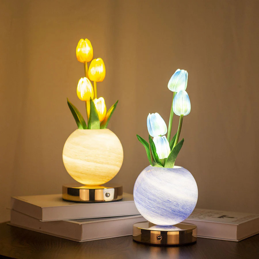 LED tulip table lamp with pink glowing flower shades