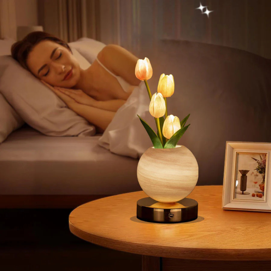 LED tulip table lamp with white glowing flower shades