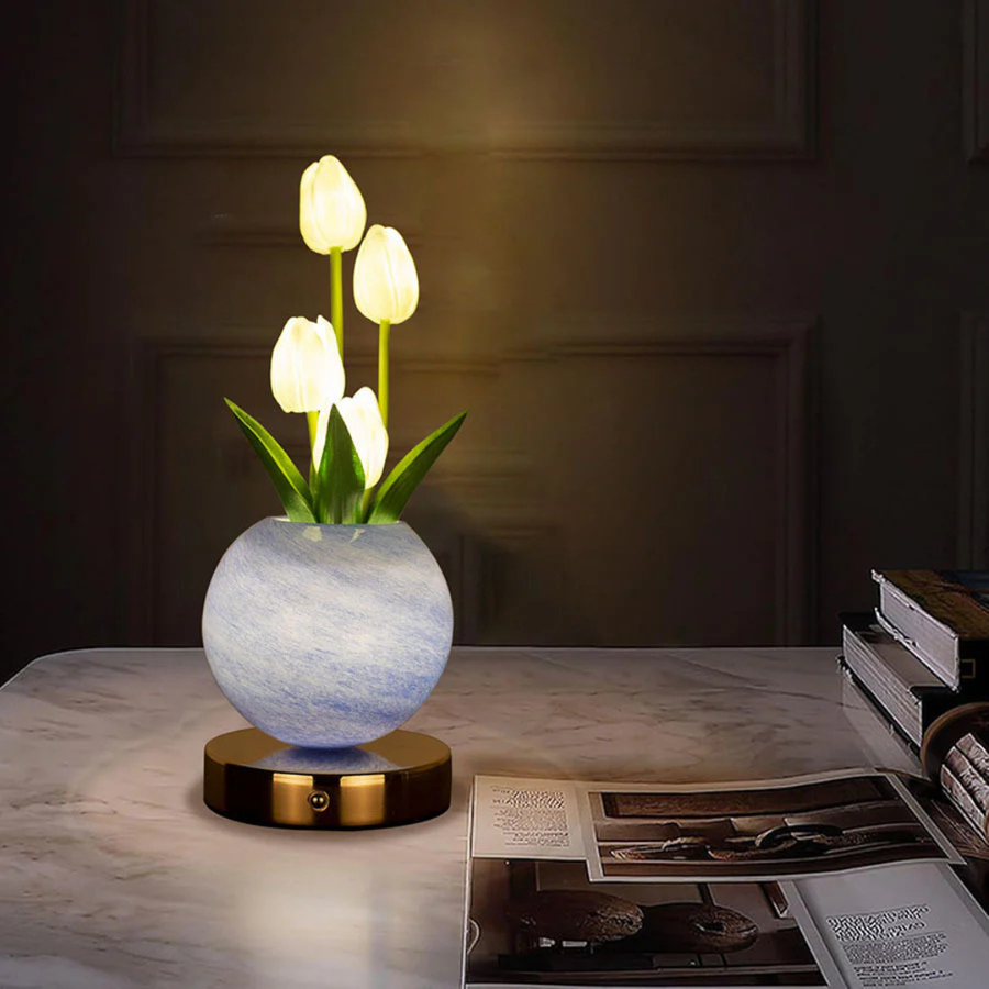 LED tulip table lamp with blue glowing flower shades