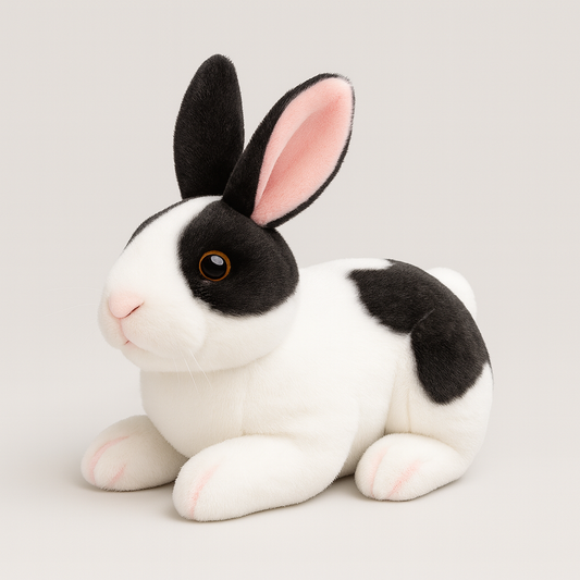 Black and white plush bunny with pink paw and ear details, sitting calmly.