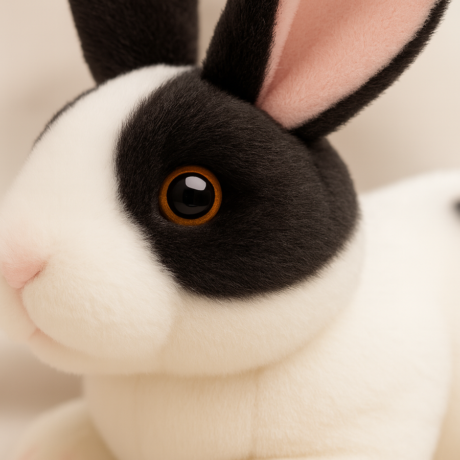 Soft stuffed rabbit with pink accents on its ears and feet in a relaxed pose.
