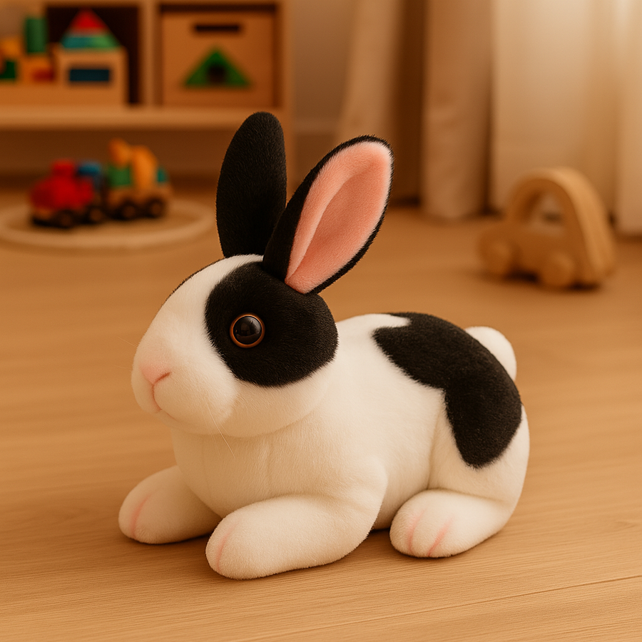 Cuddly black and white bunny toy with delicate pink stitching, sitting upright.