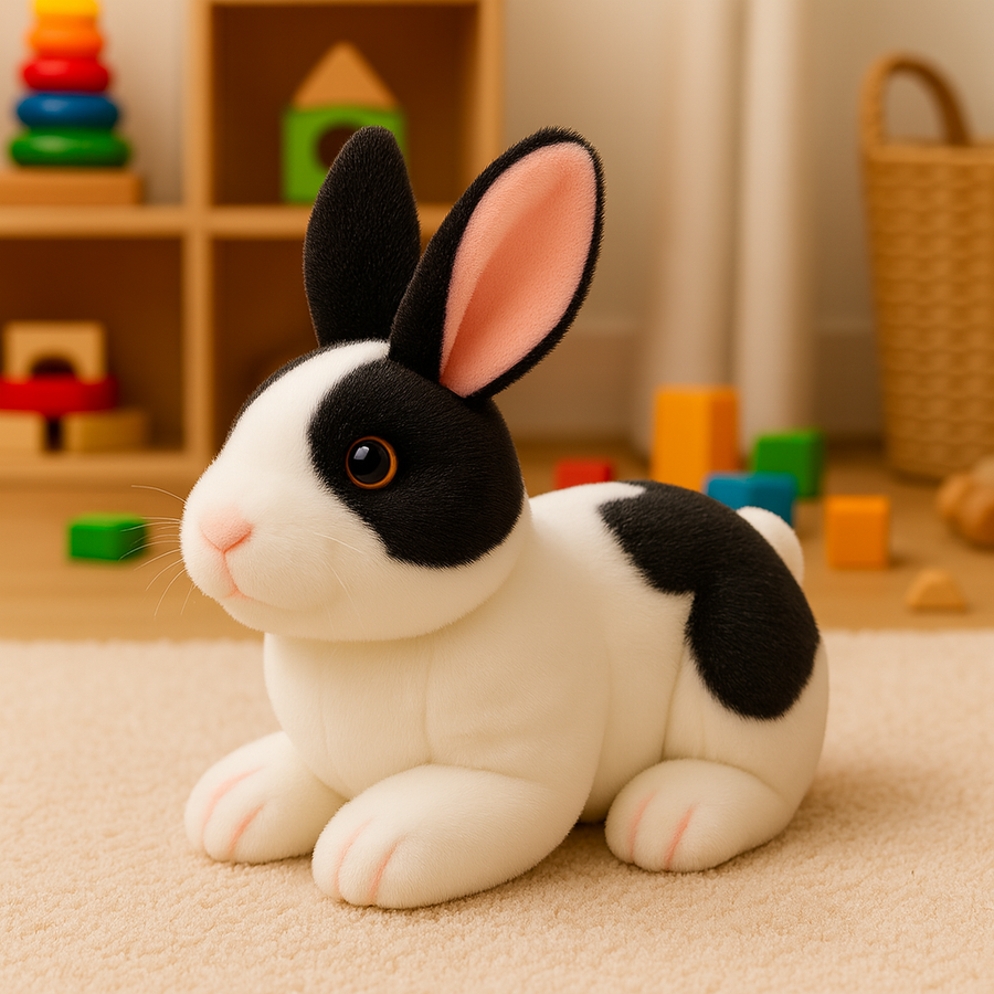 Plush rabbit with contrasting pink details on its paws, resting quietly.
