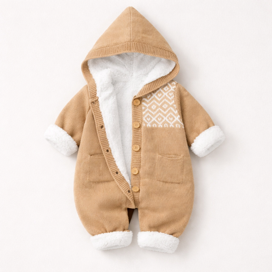Front view of the pink knit hooded suit with button placket.