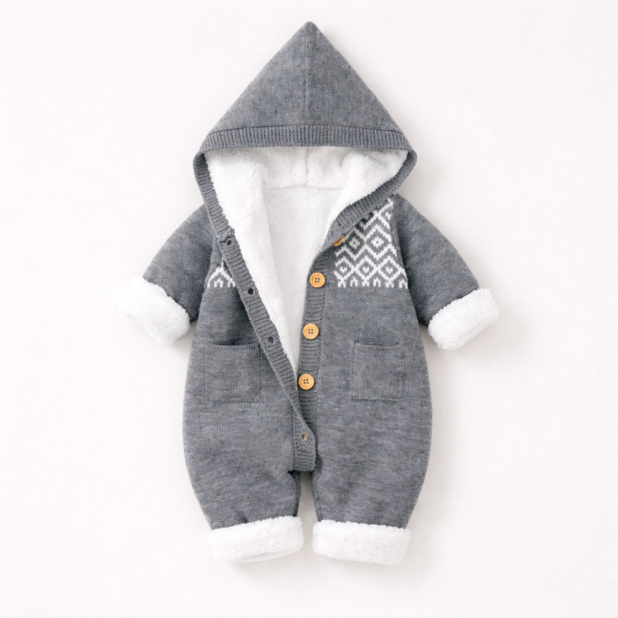 Fleece-lined interior of the pink knit baby suit.