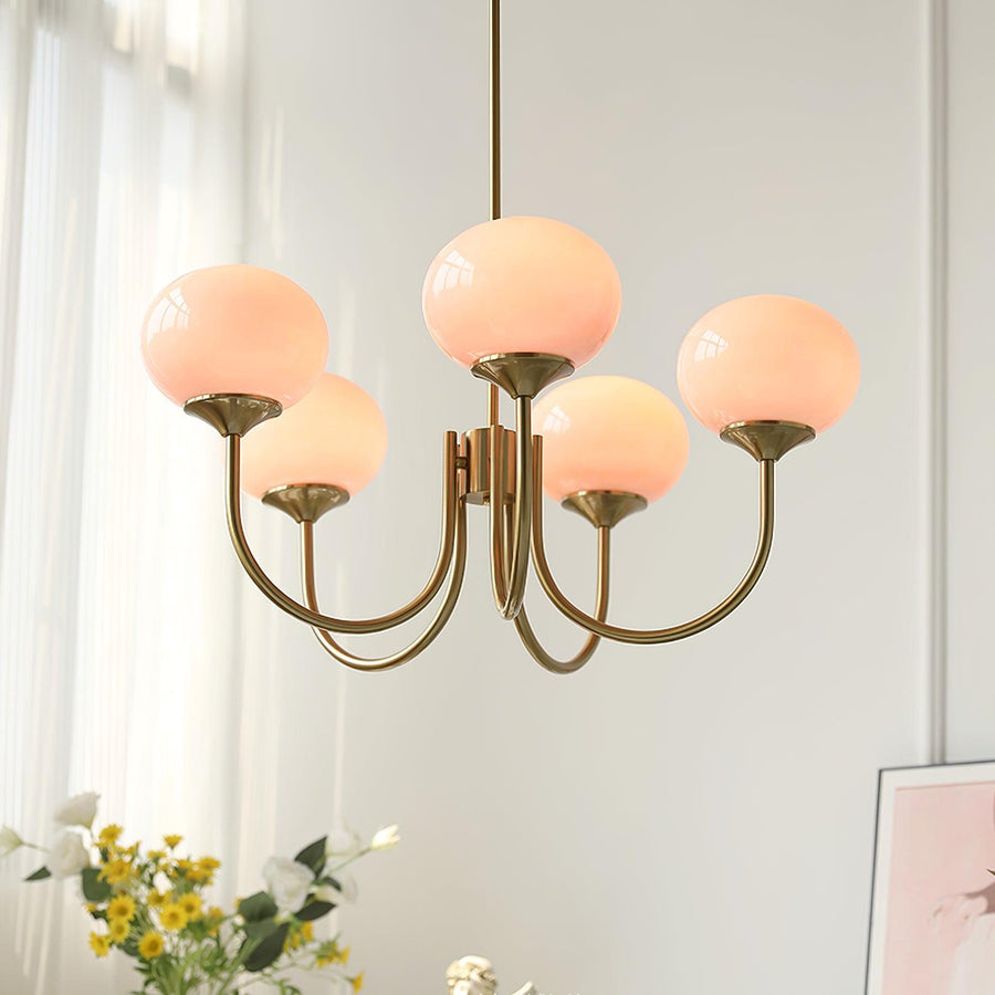Close-up of chandelier's copper finish arms