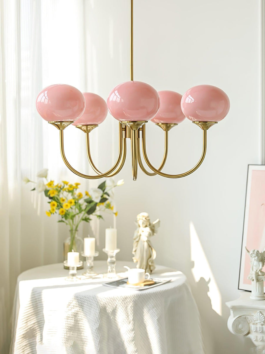 Chandelier with white shades unlit