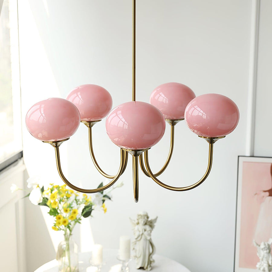 Side view of 5-head chandelier with cream shades