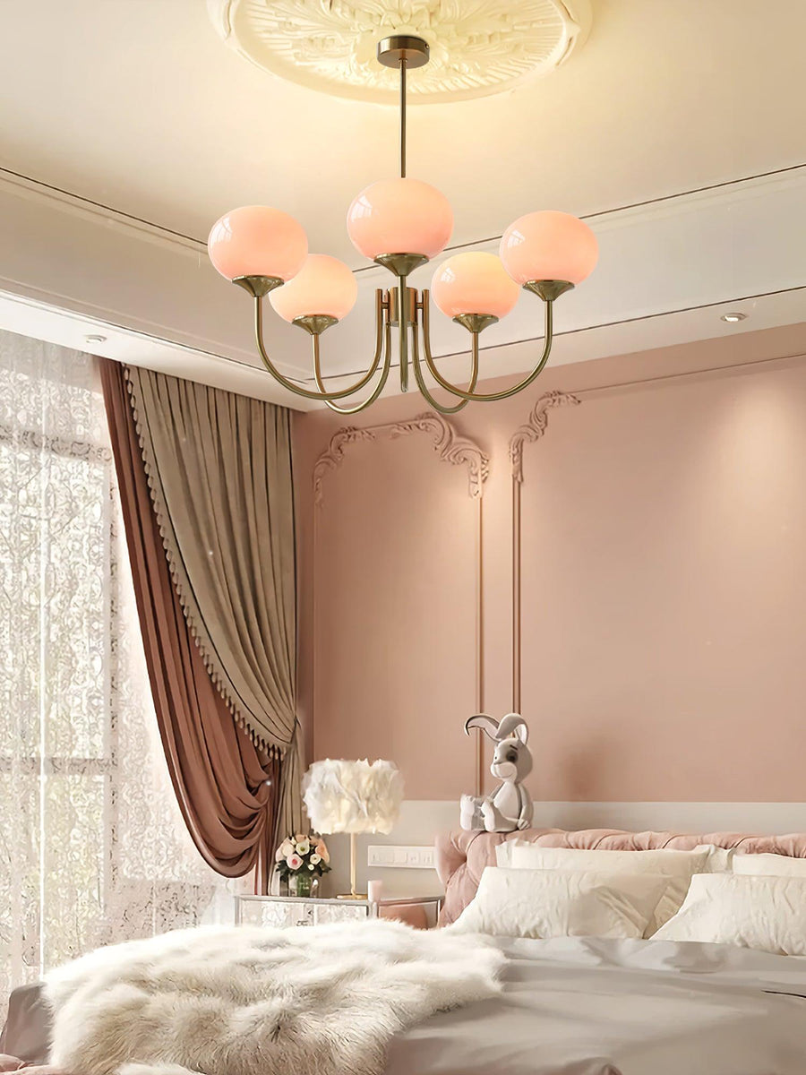Front view of chrome and white chandelier