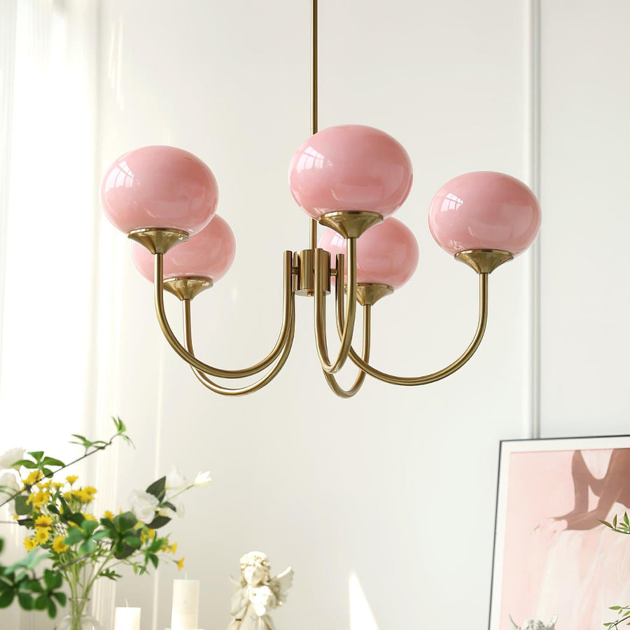 Industrial minimalist chandelier hanging in a living room