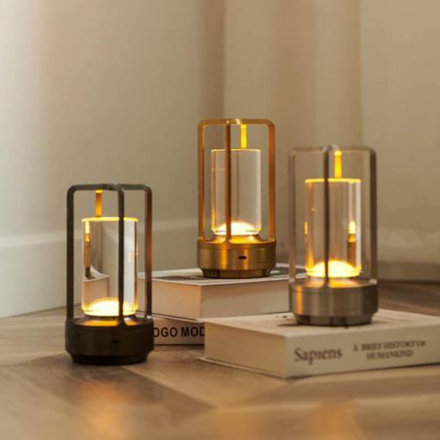 Table lamp glowing with warm white light in a bedroom