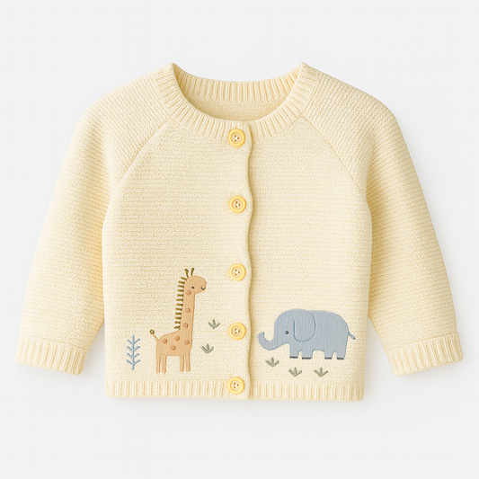 Cream knit cardigan with embroidered giraffe and elephant on a wooden hanger
