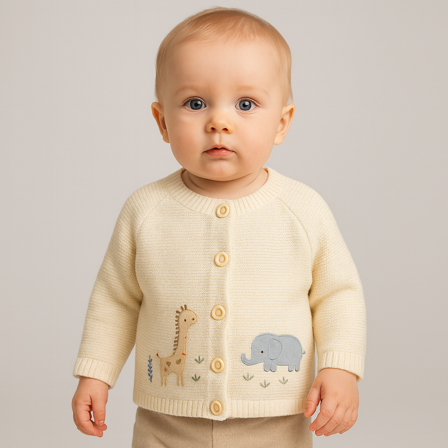 Close-up of cream knit cardigan showing embroidered safari animals