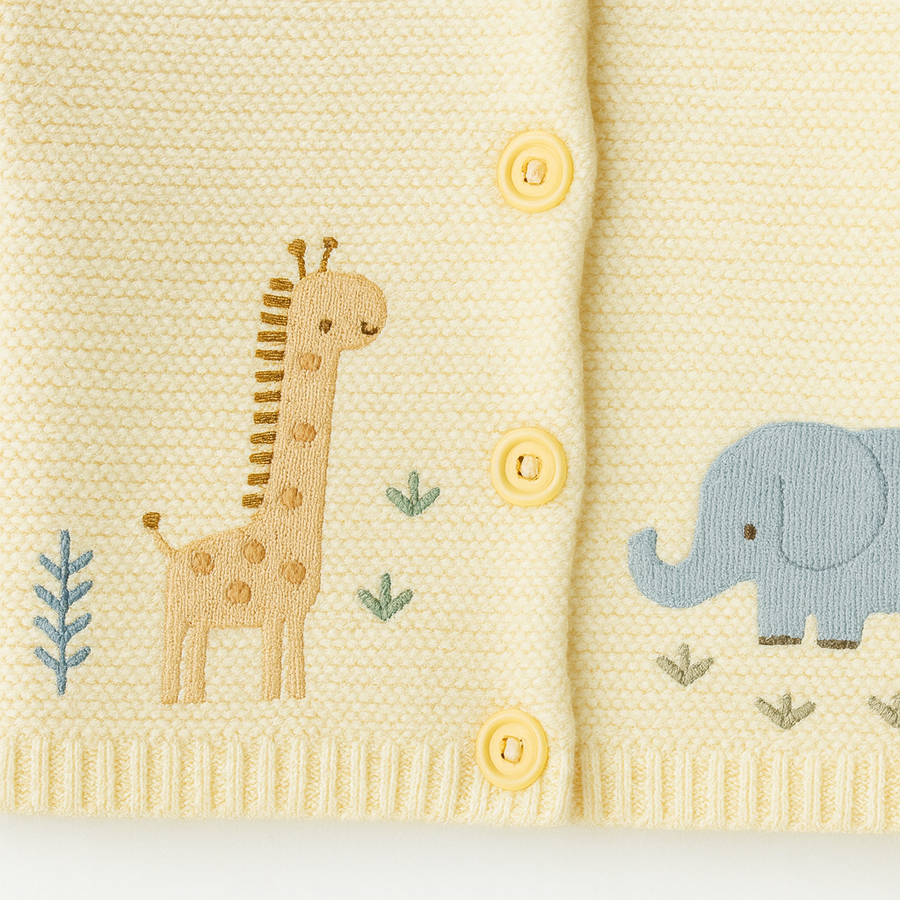Cream knit cardigan hanging with visible ribbed trim and buttons