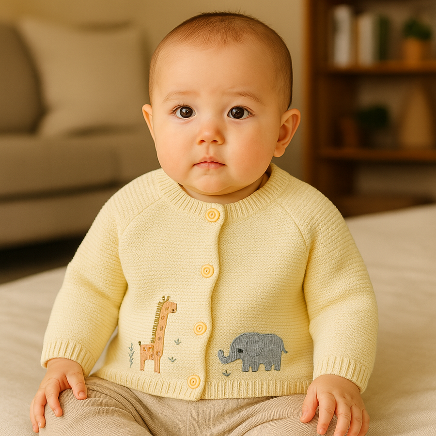 Front view of cream knit cardigan with giraffe and elephant embroidery
