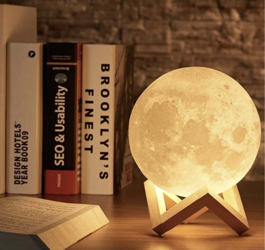 Japandi moon table lamp on a wooden stand