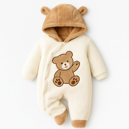 Cream and brown bear-inspired plush suit with hood and embroidered bear on the front