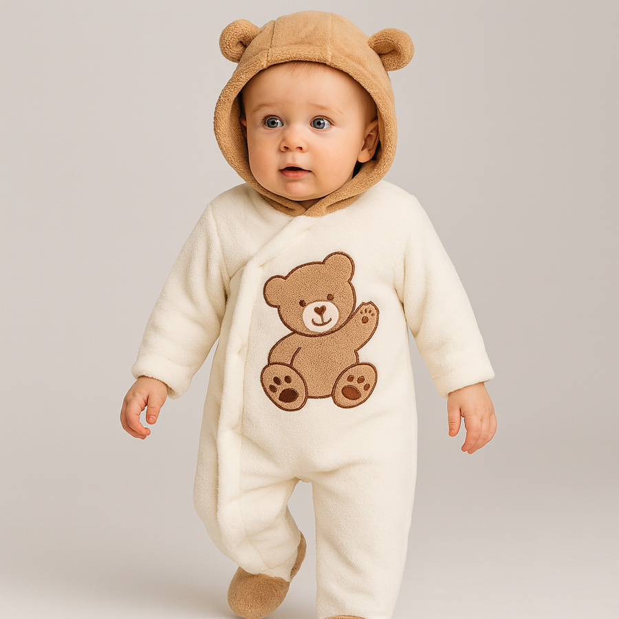 Close-up of a baby's plush bear suit with hood and stitched ears